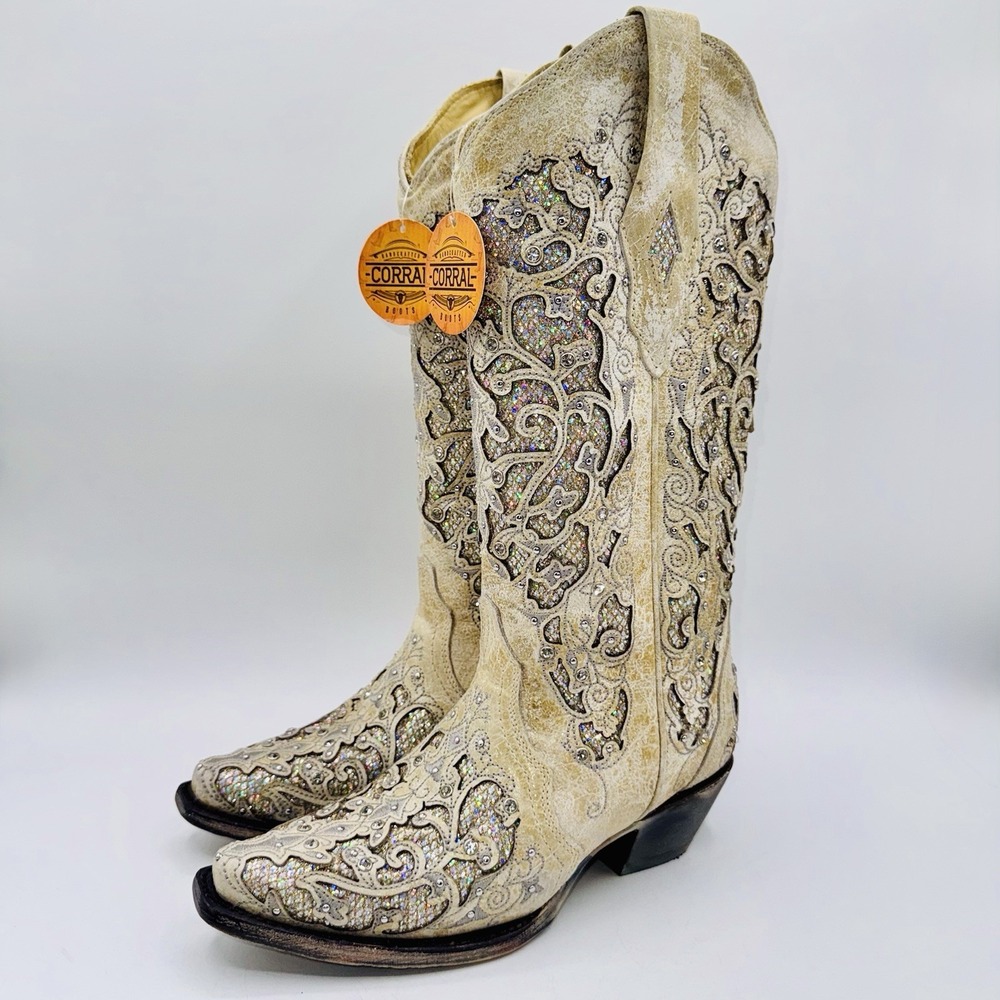 Corral Glitter Inlay Western Boots Women's Size 5 Distressed White Leather